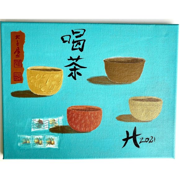 4 Cups (Drink Tea) - Original Wall Art Mixed Media Asian Fusion Painting 11"x14" - Picture 2 of 8